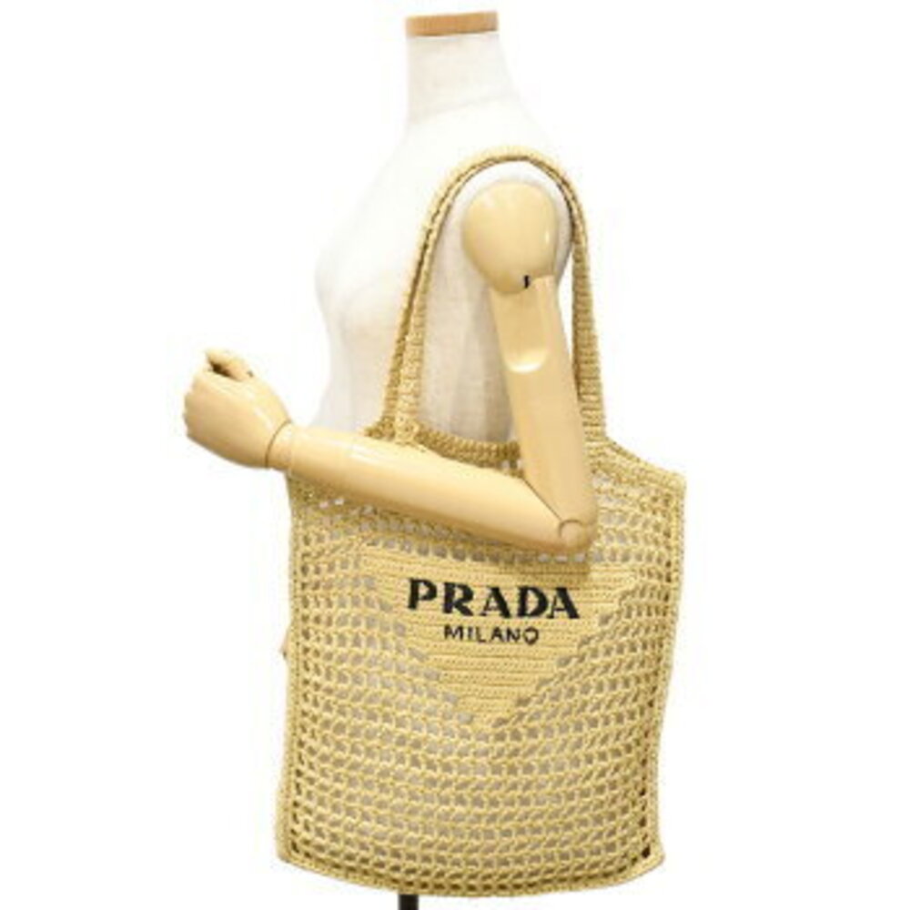 Prada Crochet Tote Bag Basket Handbag Natural Raffia Triangle Logo - Picture 9 of 10